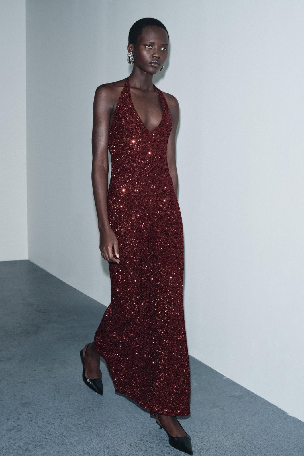 Deep Red Halter Neck Sequin Dress with Liquid Metallic Effect — Trendy Glitter Dresses