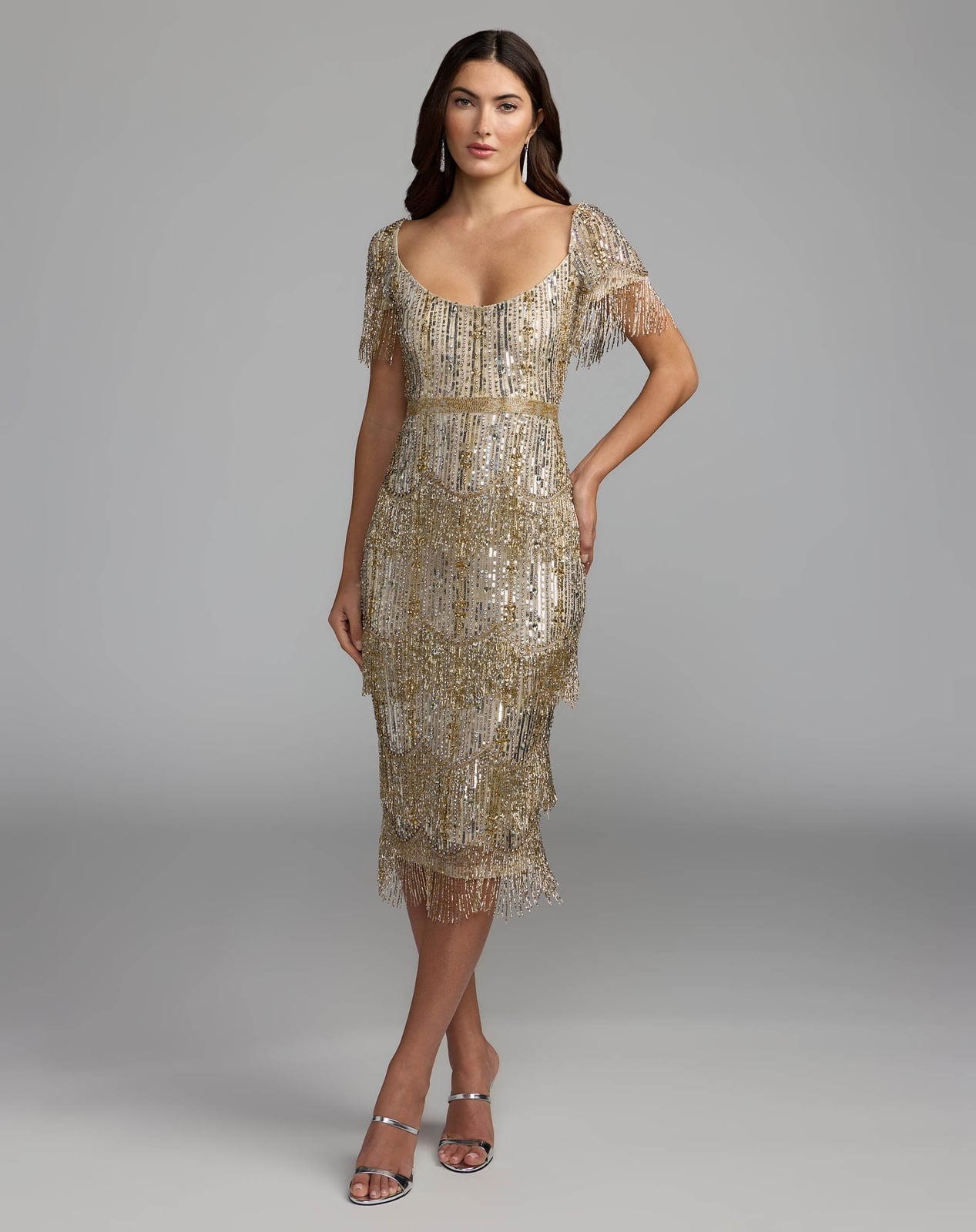 Gold and Silver Sequin Midi Dress with Fringe — Trendy Glitter Dresses