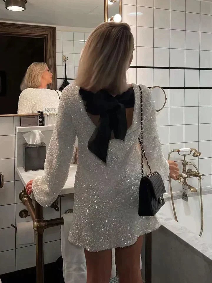 White Sequin Mini Dress with Black Satin Bow — Trendy Glitter Dresses
