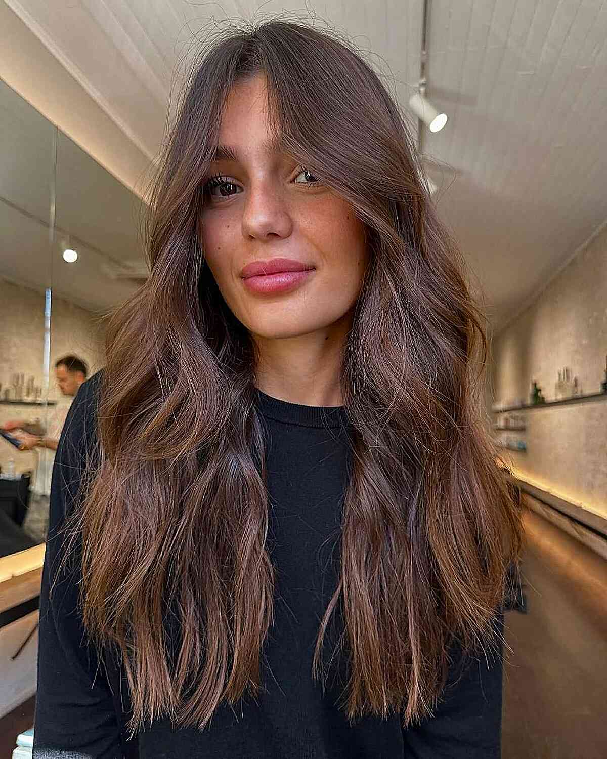 Glossy Mid-Back Layers With Side-Swept Bangs Glossy Mid-Back Layers With Side-Swept Bangs — Trendy Going Out Hairstyles