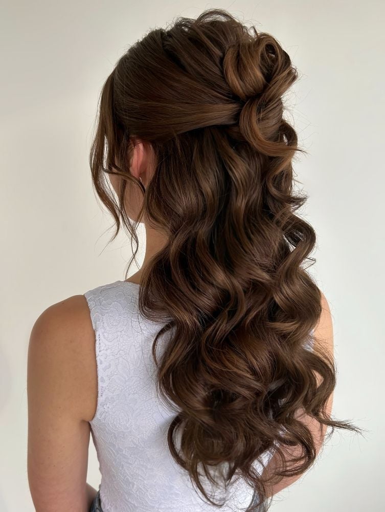 Long Half-Up Braided Curls, Dark Brown Long Half-Up Braided Curls, Dark Brown — Trendy Going Out Hairstyles