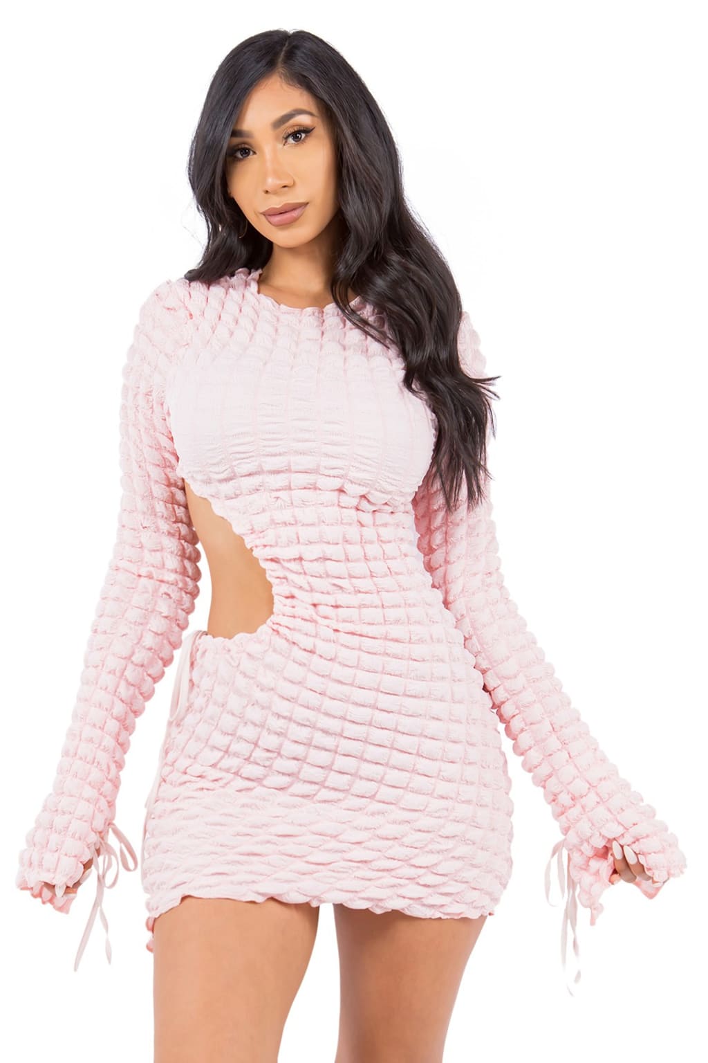 Pale Pink Textured Knit Mini Dress With Cut-Out — Trendy Going Out Outfits Night Club