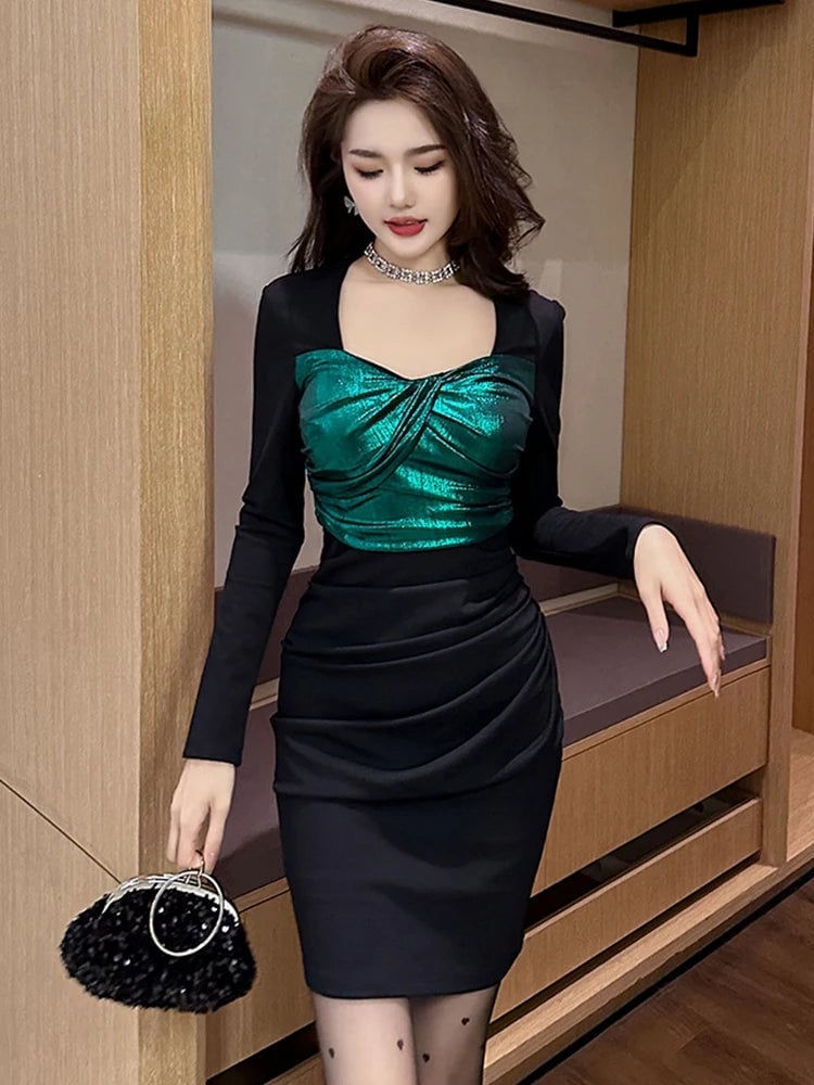 Black Dress With Green Metallic Twisted Bustier — Trendy Going Out Outfits Night Club