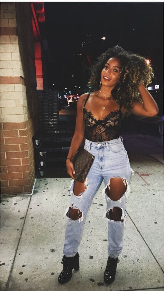 Black Lace Bodysuit With Ripped Denim Jeans — Trendy Going Out Outfits Night Club