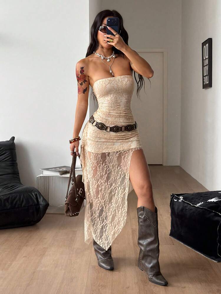 Cream Lace Overlay Dress With Western Boots — Trendy Going Out Outfits Night Club