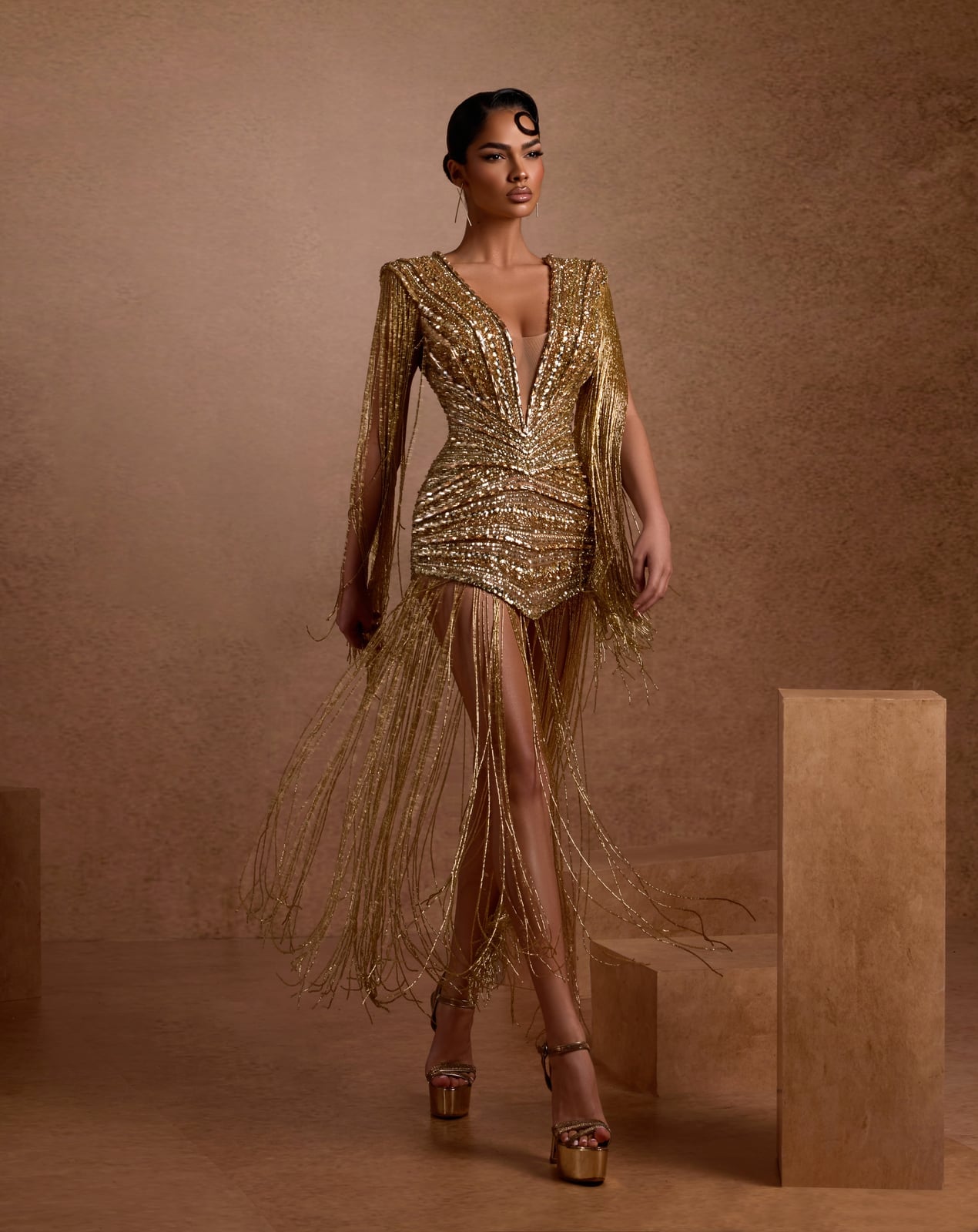 Gold Fringe Mini Dress With Platform Heels, Close-Up Take Gold Fringe Mini Dress With Platform Heels, Close-Up Take — Trendy Gold Outfits