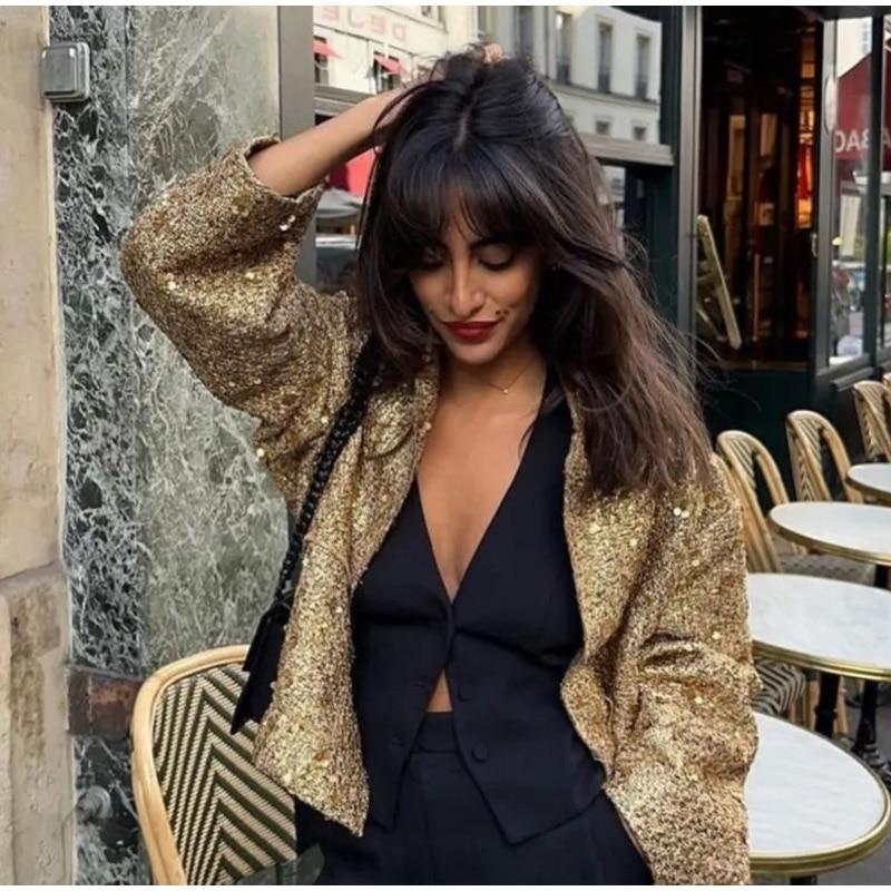 Gold Sequin Jacket Over Black Waistcoat Gold Sequin Jacket Over Black Waistcoat — Trendy Gold Outfits