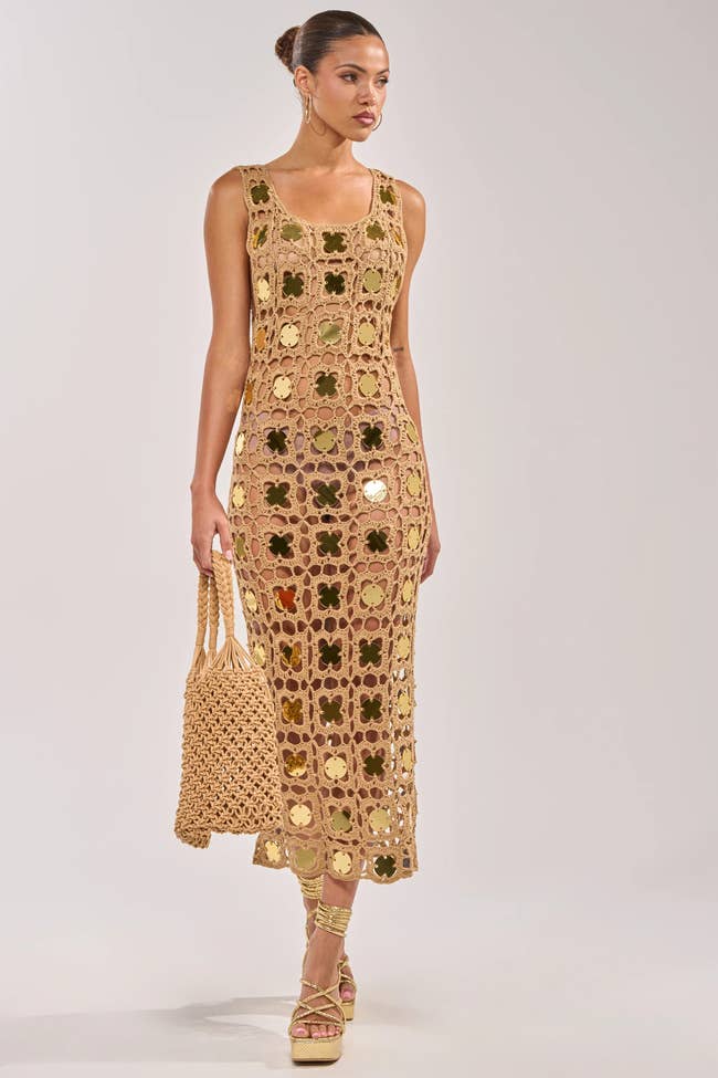 Beige Crochet Dress With Gold Sequins Beige Crochet Dress With Gold Sequins — Trendy Gold Outfits