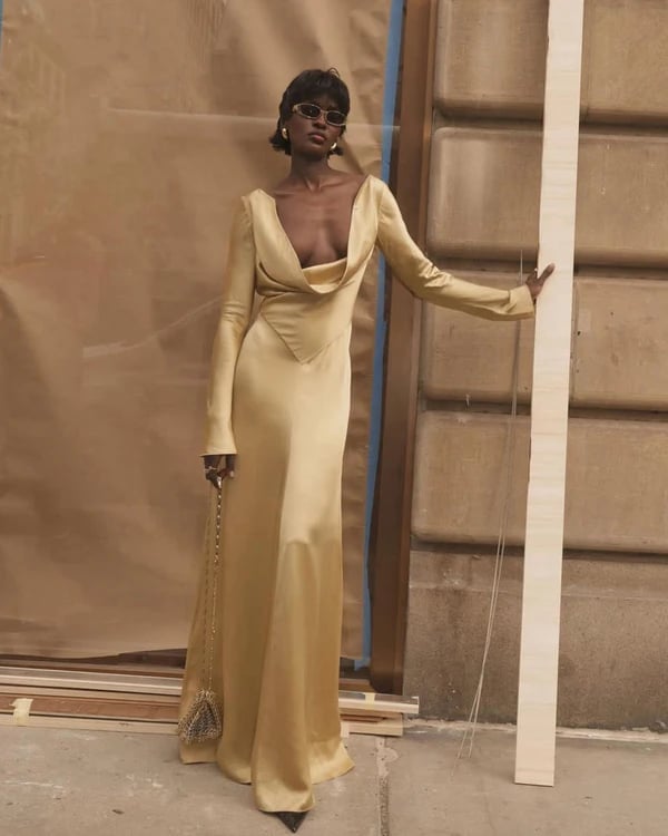 Gold Satin Gown With Cowl Neck and Beaded Bag Gold Satin Gown With Cowl Neck and Beaded Bag — Trendy Gold Outfits