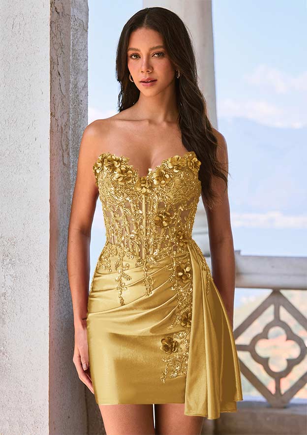 Metallic Gold Corset Dress With 3D Floral Embellishments Metallic Gold Corset Dress With 3D Floral Embellishments — Trendy Gold Outfits