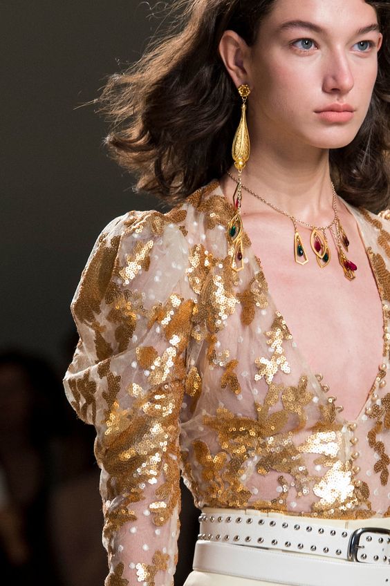 Sheer Gold Sequined Top With Plunging Neckline Sheer Gold Sequined Top With Plunging Neckline — Trendy Gold Outfits
