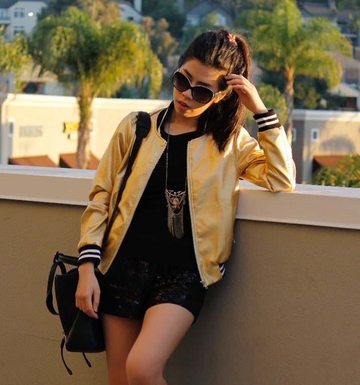 Gold Bomber Jacket With Sequin Shorts Gold Bomber Jacket With Sequin Shorts — Trendy Gold Outfits