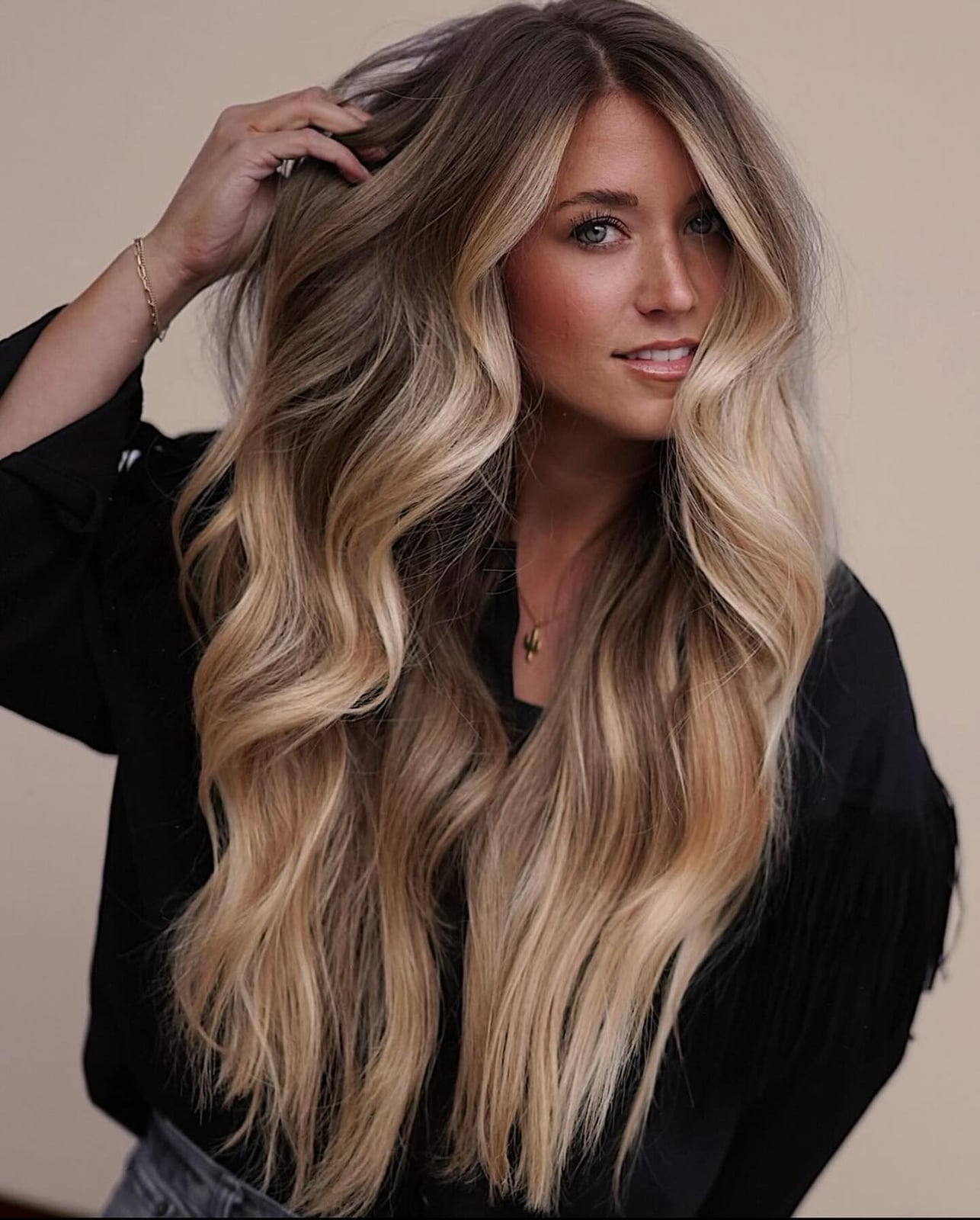 Mid-Back Ash to Golden Blonde Balayage — Trendy Golden Blonde