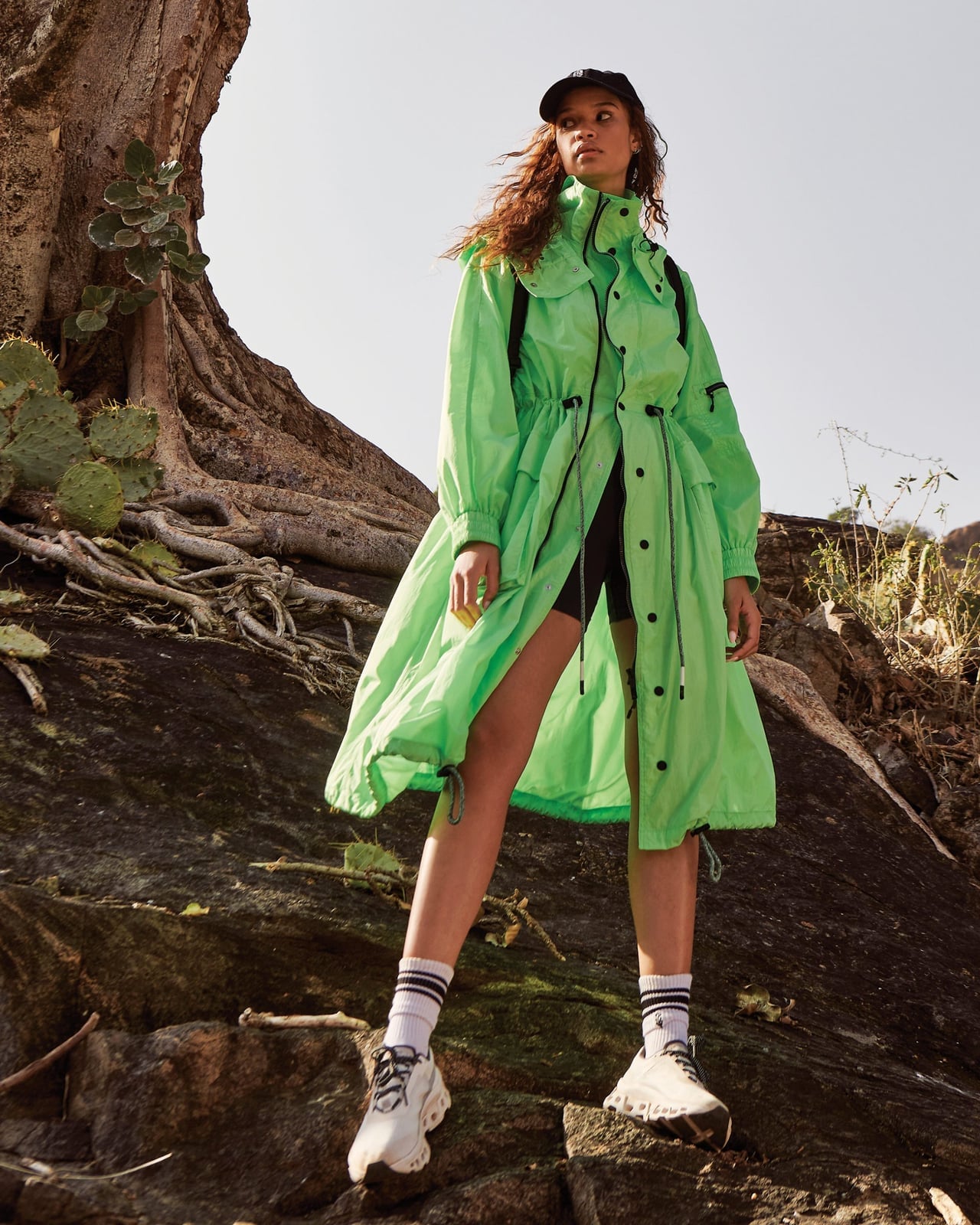 Bright Green Parka Over Black Shorts Bright Green Parka Over Black Shorts — Trendy Gorpcore Outfits