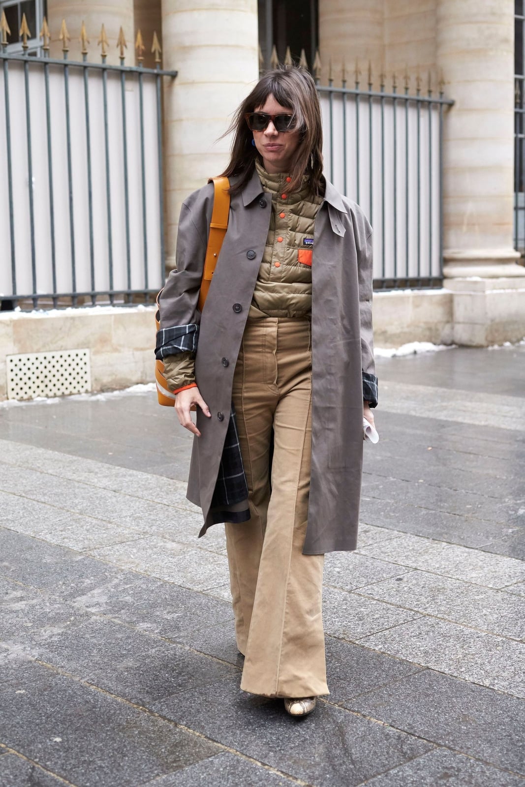Gray Trench Coat Over Olive Puffer Vest Gray Trench Coat Over Olive Puffer Vest — Trendy Gorpcore Outfits