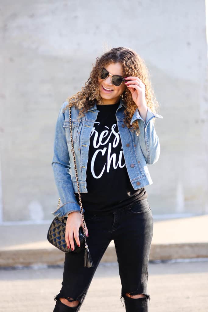Graphic Tee Under Denim Jacket With Skinny Jeans, Office-Safe Version — Trendy Graphic Tee Outfits