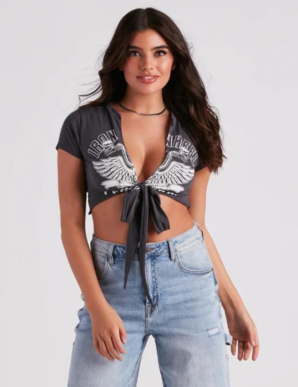 Tie-Front Graphic Crop Top With Distressed Jeans — Trendy Graphic Tee Outfits