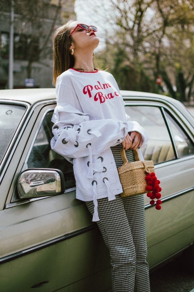 Layered Graphic Tee With Gingham Pants — Trendy Graphic Tee Outfits
