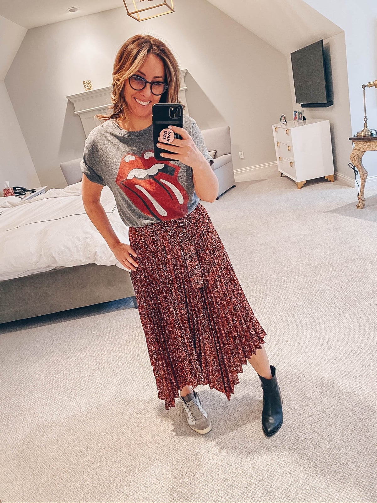 Graphic Tee With Pleated Midi Skirt — Trendy Graphic Tee Outfits