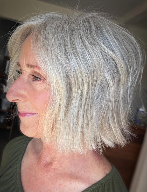 Light Gray Textured Bob Layers Light Gray Textured Bob Layers — Trendy Gray Hair Color