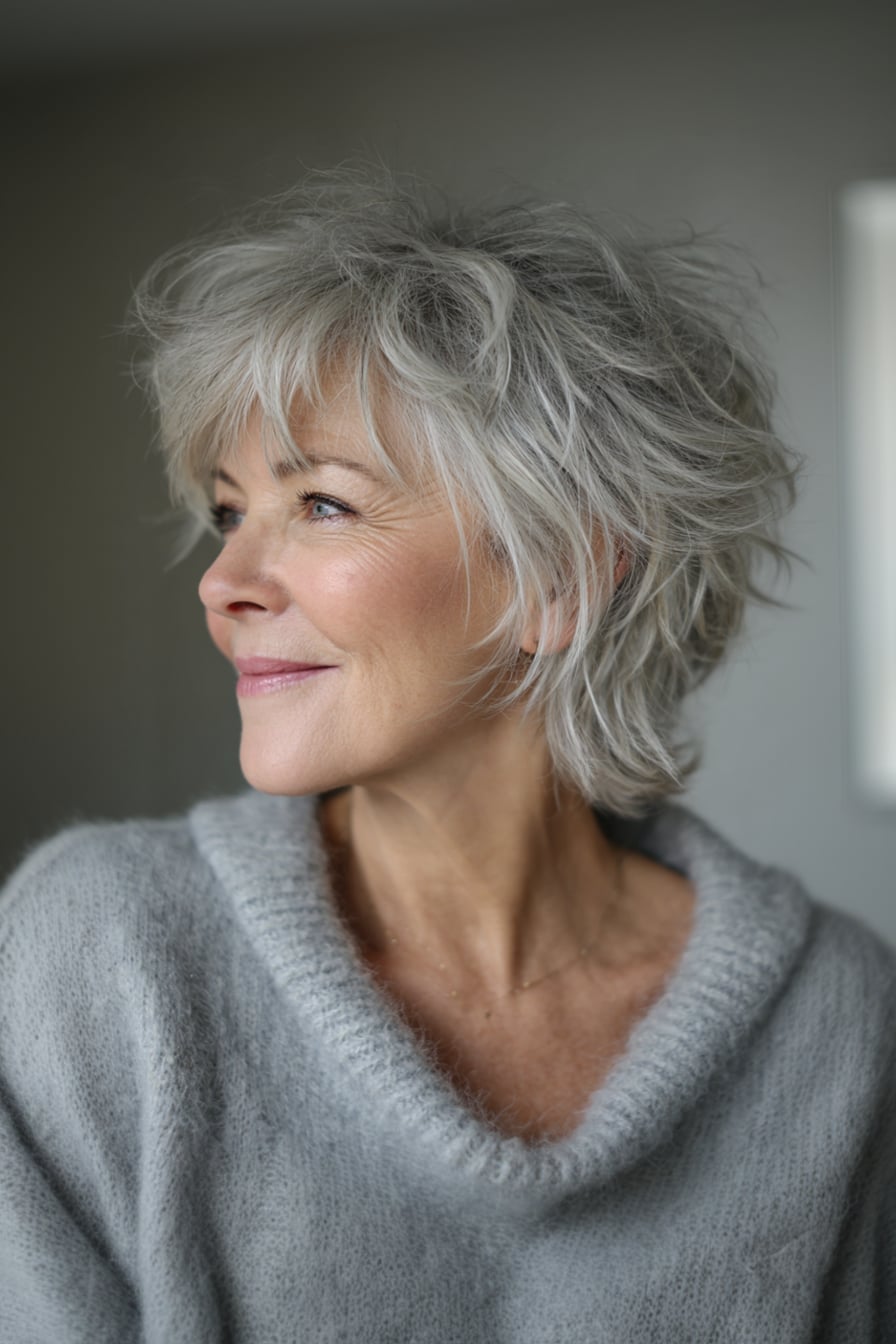 Bright Silver Gray Textured Pixie, Ear Bright Silver Gray Textured Pixie, Ear — Trendy Gray Hair Color
