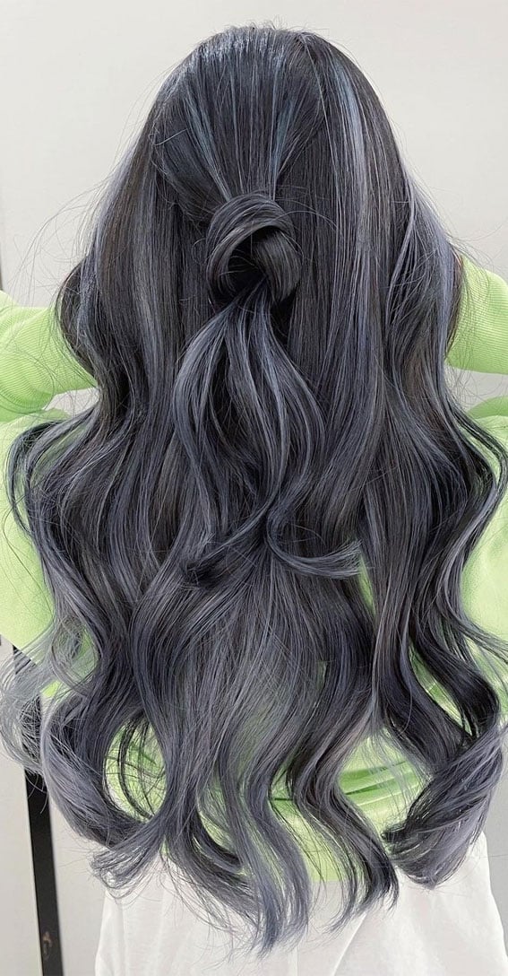 Gray and Blue Highlighted Dark Base Gray and Blue Highlighted Dark Base — Trendy Gray Hair Color
