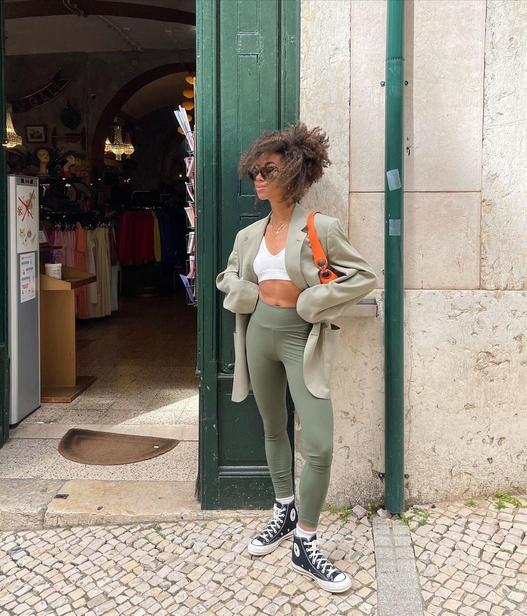 Sage Green Leggings With Oversized Blazer Sage Green Leggings With Oversized Blazer — Trendy Green Leggings Outfit