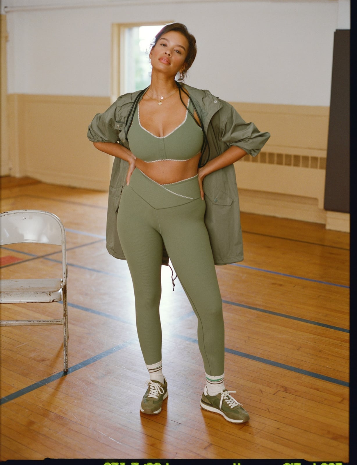 Olive Green Ribbed Set With Relaxed Jacket Olive Green Ribbed Set With Relaxed Jacket — Trendy Green Leggings Outfit