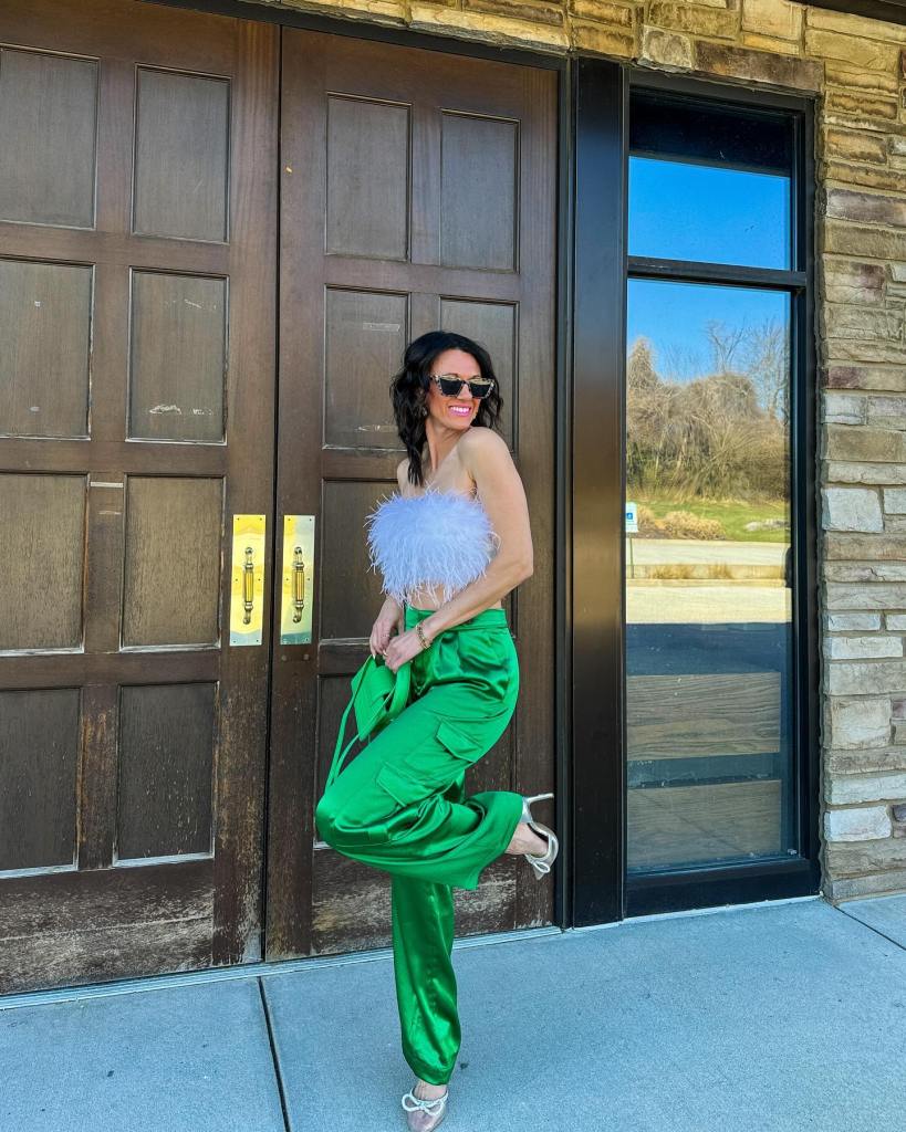 Emerald Green Satin Wide-Leg Trousers with a Tube Top Emerald Green Satin Wide-Leg Trousers with a Tube Top — Trendy Green Pants Outfits