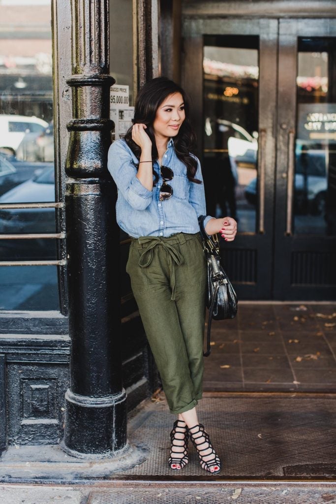 Olive Green Linen Pants with a Denim Shirt Olive Green Linen Pants with a Denim Shirt — Trendy Green Pants Outfits