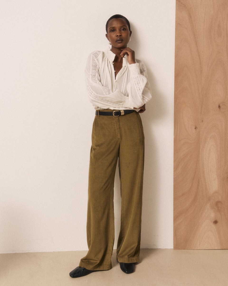 Olive Green Corduroy High-Rise Trousers with Lace Blouse Olive Green Corduroy High-Rise Trousers with Lace Blouse — Trendy Green Pants Outfits
