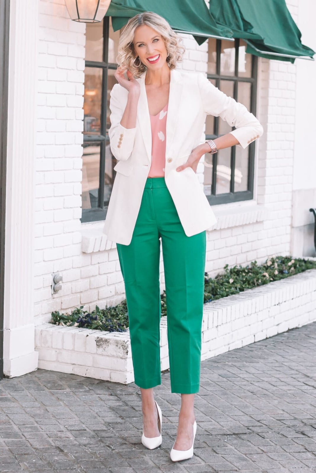 Emerald Green Straight-Leg Trousers with a White Blazer, Close-Up Take Emerald Green Straight-Leg Trousers with a White Blazer, Close-Up Take — Trendy Green Pants Outfits