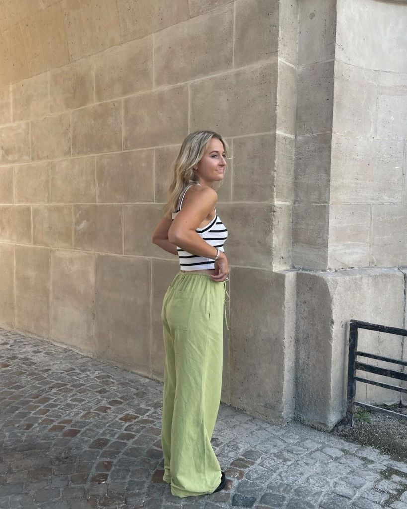 Lime Green Linen Blend Wide-Leg Pants with Striped Crop Top Lime Green Linen Blend Wide-Leg Pants with Striped Crop Top — Trendy Green Pants Outfits
