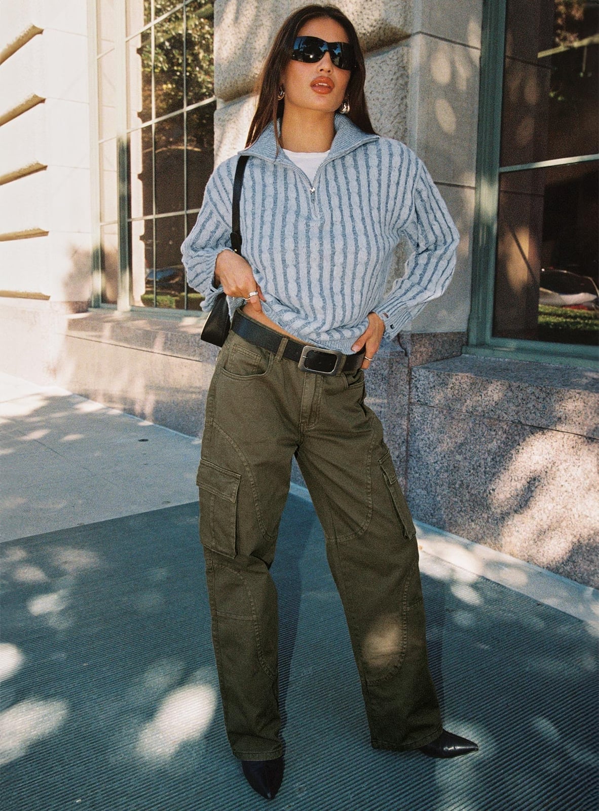 Olive Green Wide-Leg Cargo Pants with Striped Sweater Olive Green Wide-Leg Cargo Pants with Striped Sweater — Trendy Green Pants Outfits
