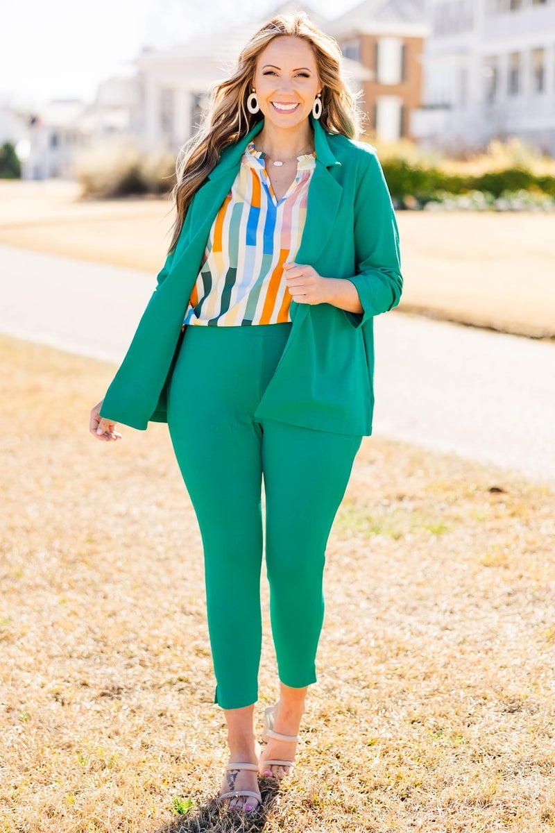 Green Suit Trousers with a Striped Blouse Green Suit Trousers with a Striped Blouse — Trendy Green Pants Outfits