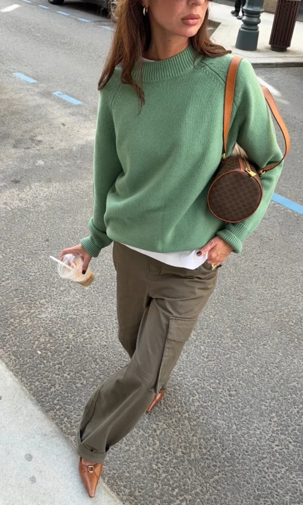 Olive Green Wide-Leg Cargo Pants with Green Sweater and White T-Shirt Olive Green Wide-Leg Cargo Pants with Green Sweater and White T-Shirt — Trendy Green Pants Outfits