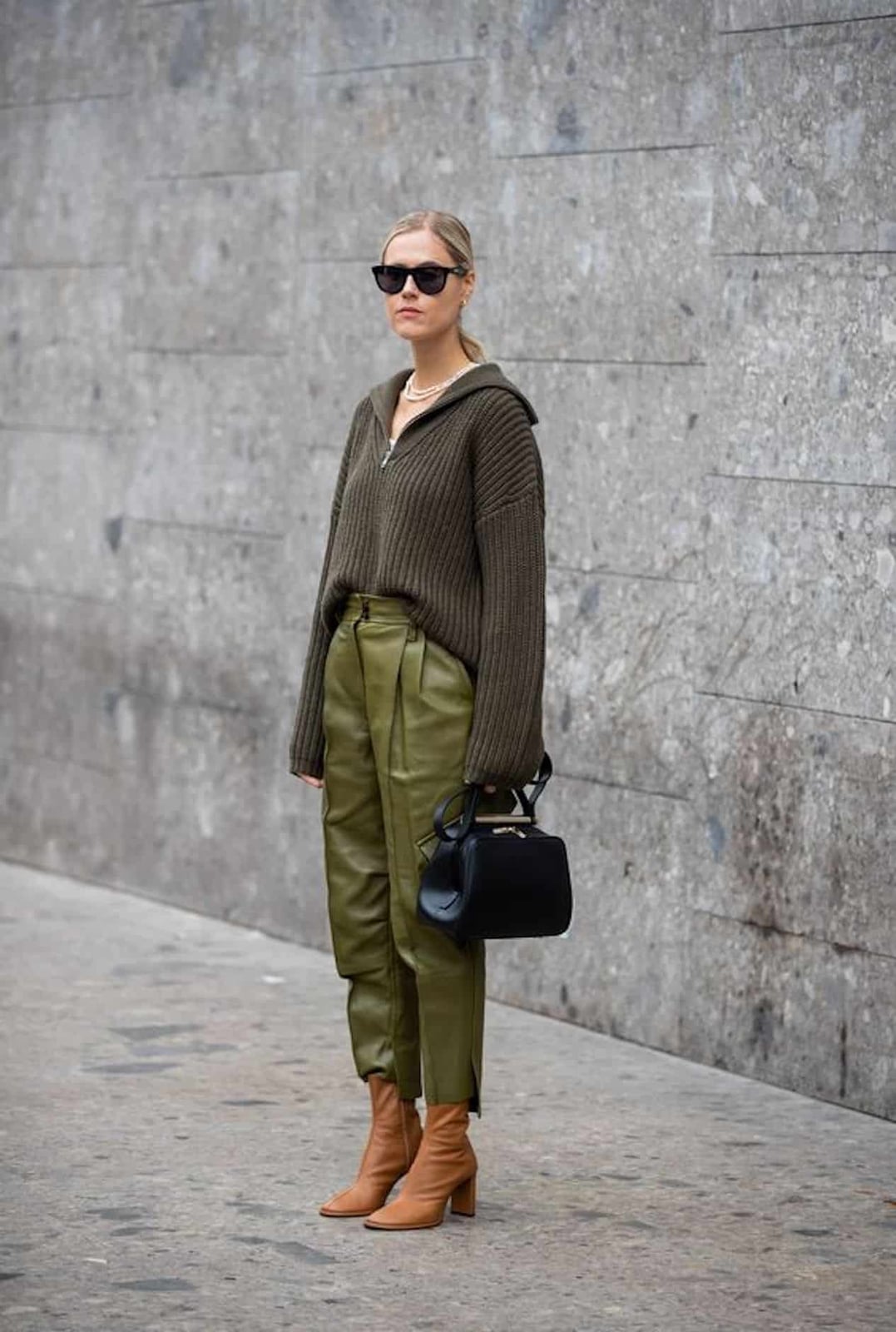 Olive Green Leather Tapered Trousers with a Knit Hoodie Olive Green Leather Tapered Trousers with a Knit Hoodie — Trendy Green Pants Outfits