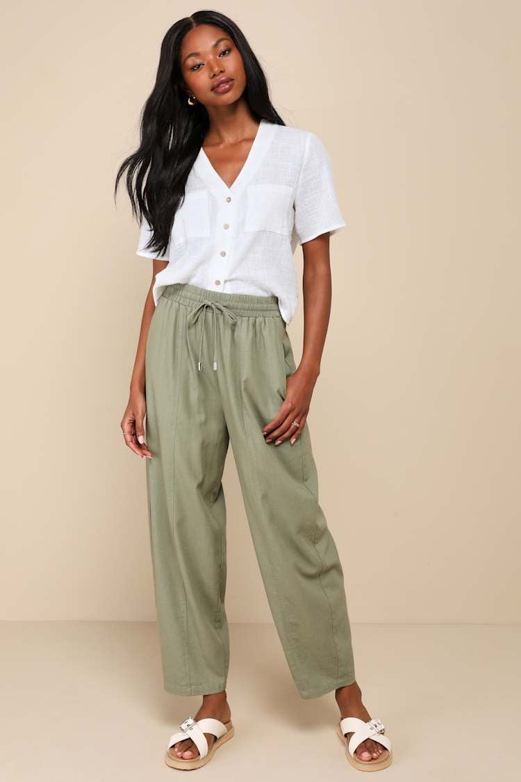 Olive Green Linen Pants with a Drawstring Waist Olive Green Linen Pants with a Drawstring Waist — Trendy Green Pants Outfits
