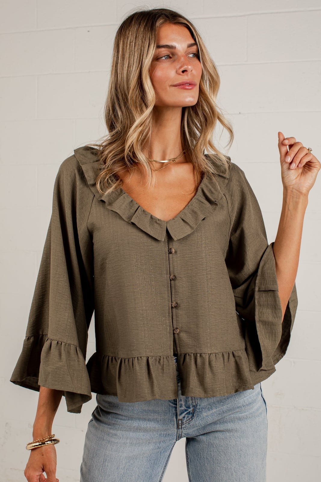 Olive Green Peplum Blouse with Ruffled Sleeves Olive Green Peplum Blouse with Ruffled Sleeves — Trendy Green Top Outfits