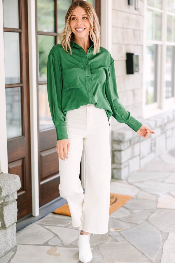 Oversized Green Silk Satin Button-Up Shirt with White Pants Oversized Green Silk Satin Button-Up Shirt with White Pants — Trendy Green Top Outfits