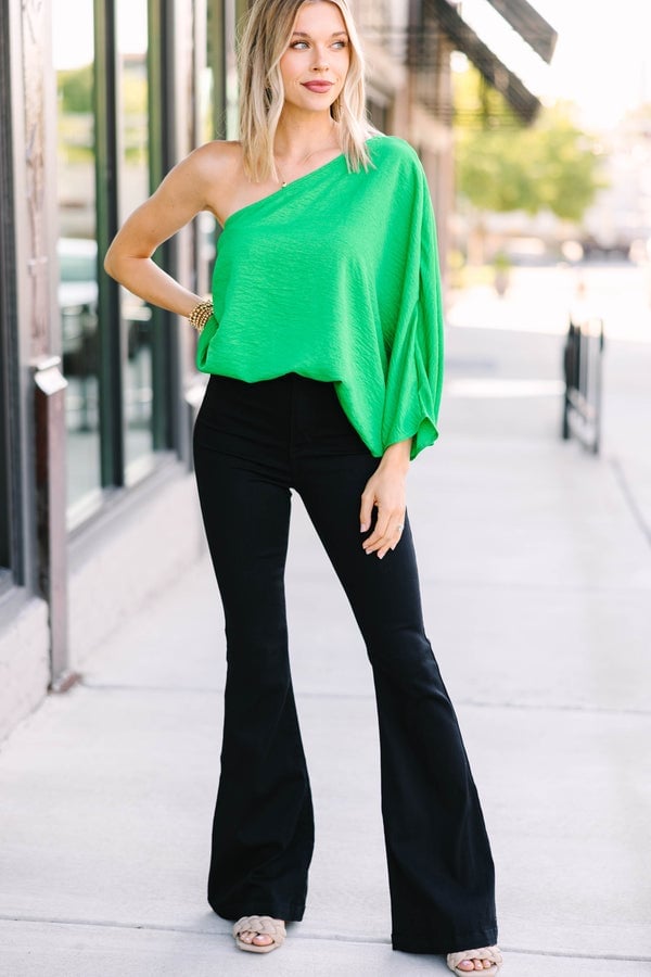 Green One-Shoulder Top with Dramatic Sleeves Green One-Shoulder Top with Dramatic Sleeves — Trendy Green Top Outfits