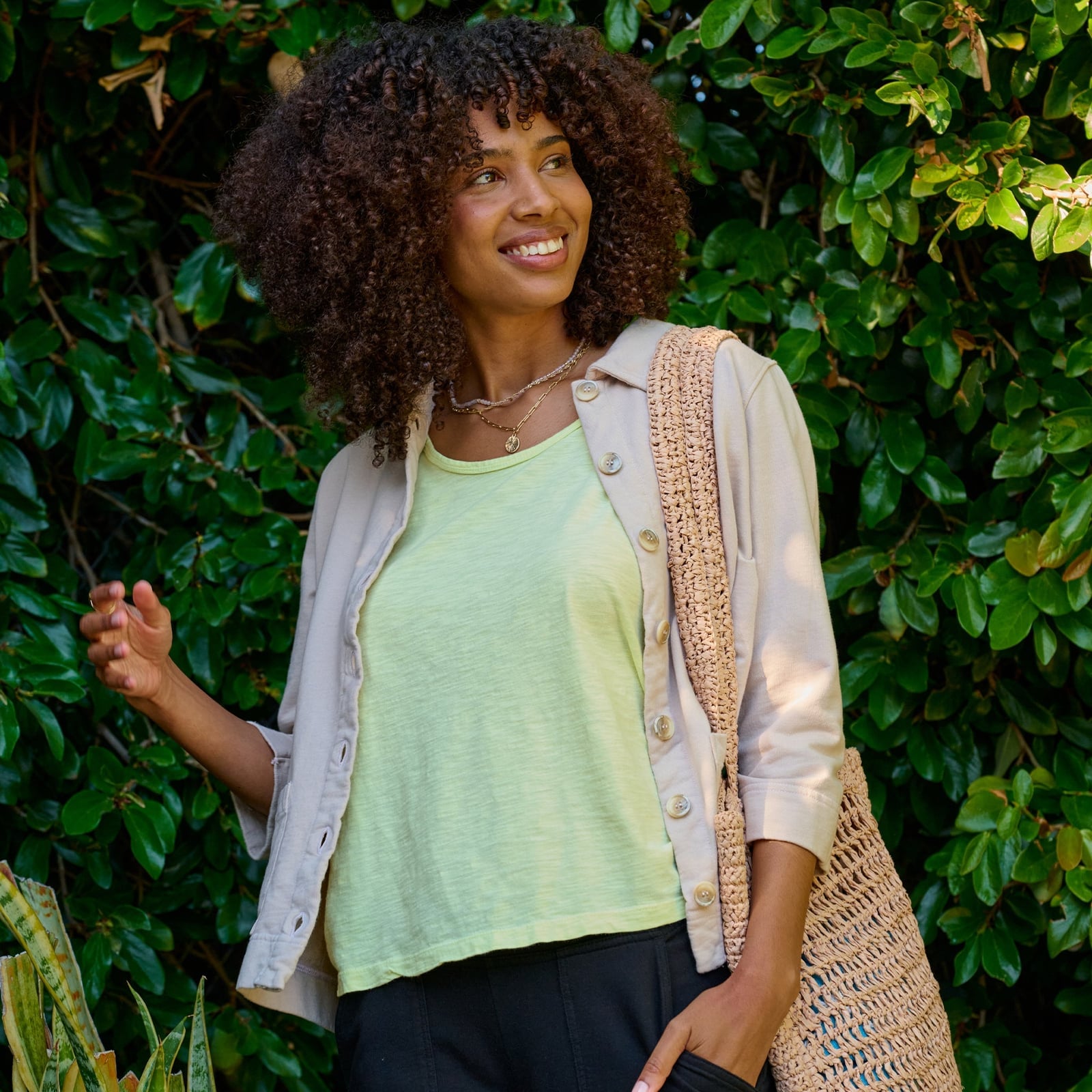 Lime Green T-Shirt Layered Under a Beige Linen Shirt Lime Green T-Shirt Layered Under a Beige Linen Shirt — Trendy Green Top Outfits