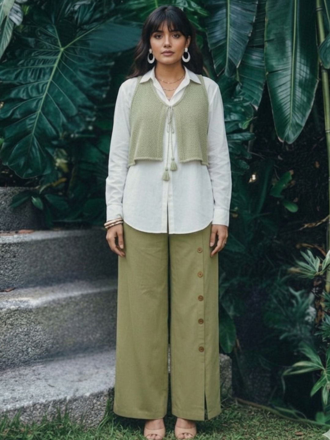 Sage Green Knit Vest with White Shirt and Olive Pants Sage Green Knit Vest with White Shirt and Olive Pants — Trendy Green Top Outfits