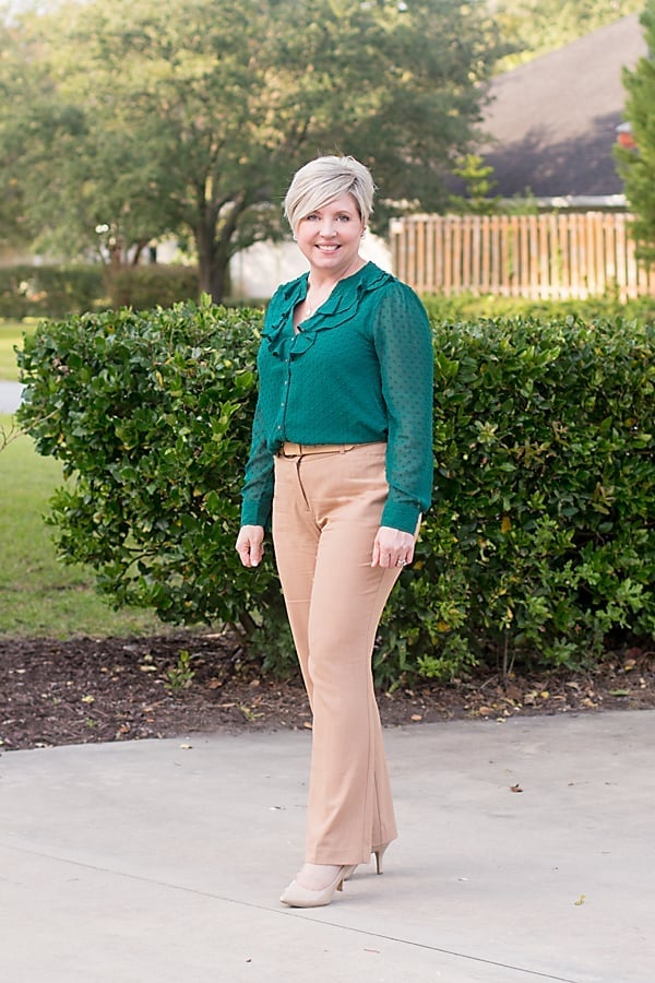 Teal Green Ruffled Lace Blouse with Tan Pants, Close-Up Take Teal Green Ruffled Lace Blouse with Tan Pants, Close-Up Take — Trendy Green Top Outfits