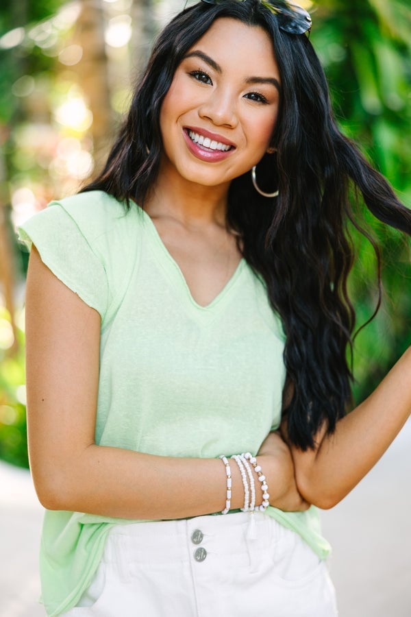 Lime Green Slub Knit Top with V-Neck and White Beaded Bracelets Lime Green Slub Knit Top with V-Neck and White Beaded Bracelets — Trendy Green Top Outfits
