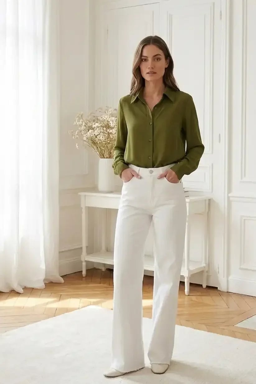 Olive Green Satin Blouse with White Wide-Leg Pants Olive Green Satin Blouse with White Wide-Leg Pants — Trendy Green Top Outfits