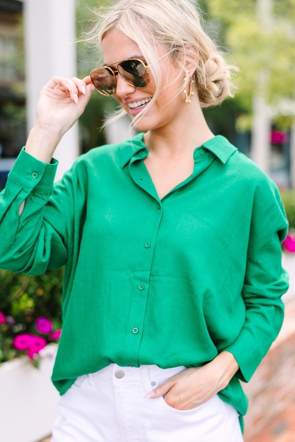 Bright Green Long-Sleeve Button-Down Shirt, Office-Safe Version Bright Green Long-Sleeve Button-Down Shirt, Office-Safe Version — Trendy Green Top Outfits