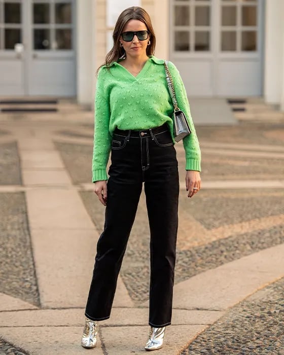 Lime Green Knit Sweater with Black Jeans and Metallic Boots Lime Green Knit Sweater with Black Jeans and Metallic Boots — Trendy Green Top Outfits
