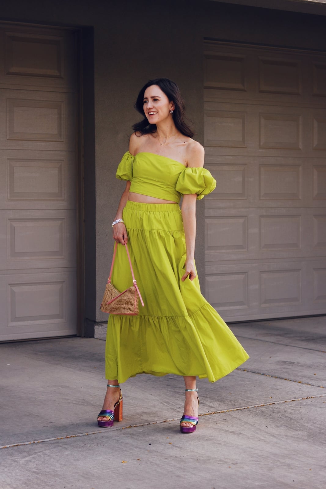 Lime Green Off-The-Shoulder Top with a Tiered Skirt, Close-Up Take Lime Green Off-The-Shoulder Top with a Tiered Skirt, Close-Up Take — Trendy Green Top Outfits