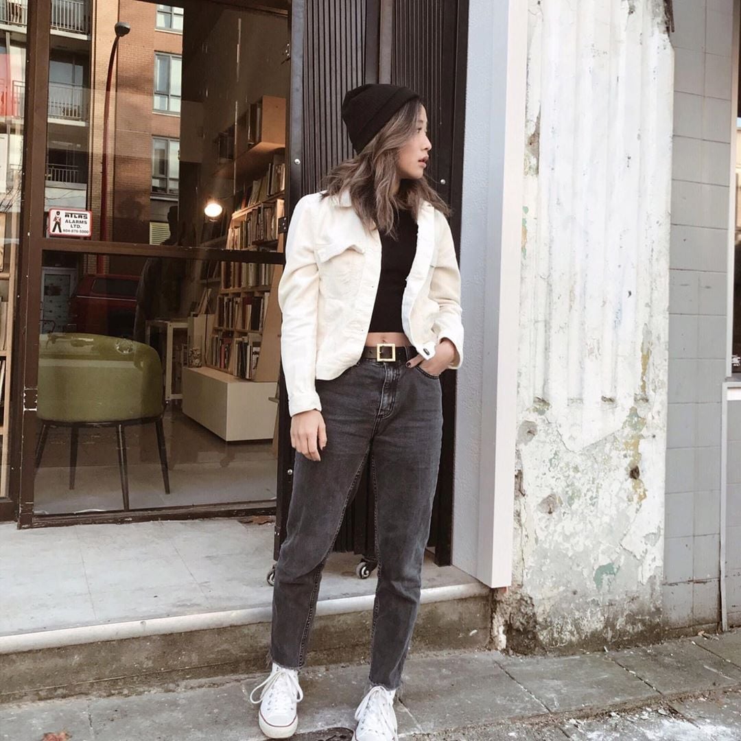 Baggy Dark Gray Jeans with Cream Jacket and Gold, Office-Safe Version — Trendy Grey Jeans Outfits